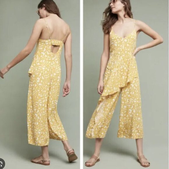 Anthropologie MAEVE Yellow White Ruffle Jumpsuit 0 - Picture 1 of 9